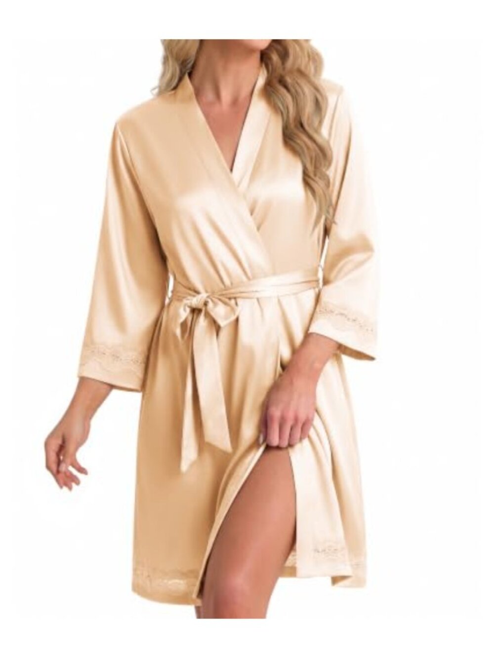 Ekouaer Silk Robe Women Kimono Satin Lace Bathrobe Bridesmaid Lounge